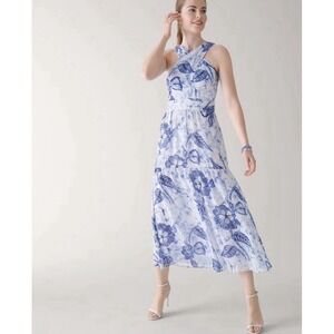 White House Black Market Women's Blue Floral Criss Cross Halter Dress Size 00